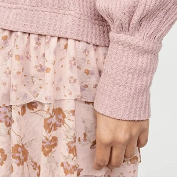 FREE PEOPLE: Sweet Escape Thermal Waffle Knit Layered Floral Chiffon Dress..NWT - Picture 4 of 11